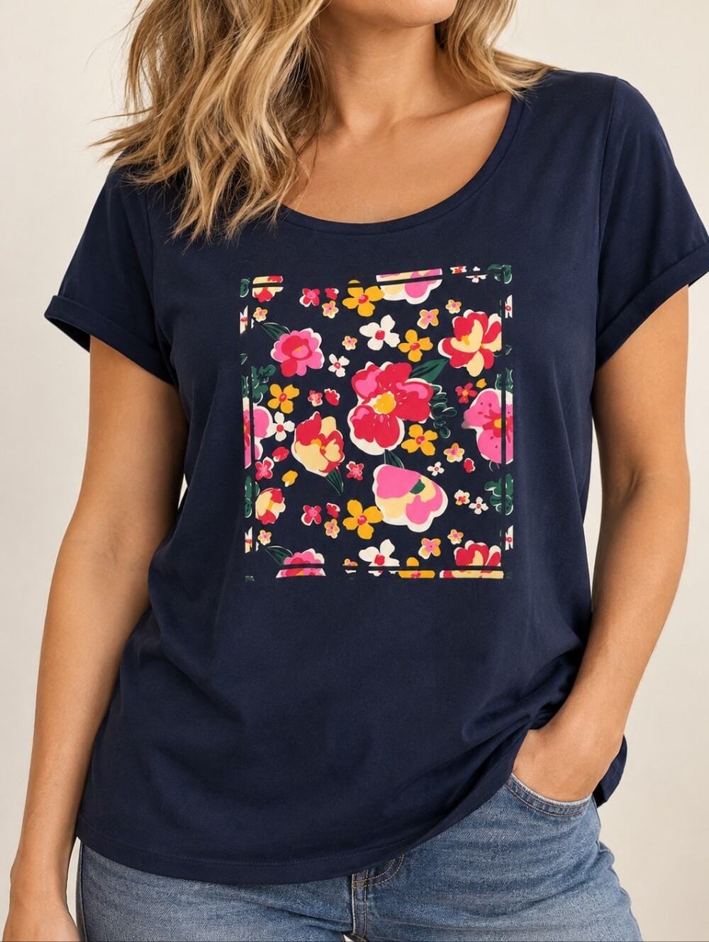 Twik by Simons Navy Blue Floral Graphic Short Sleeve Top Size L
